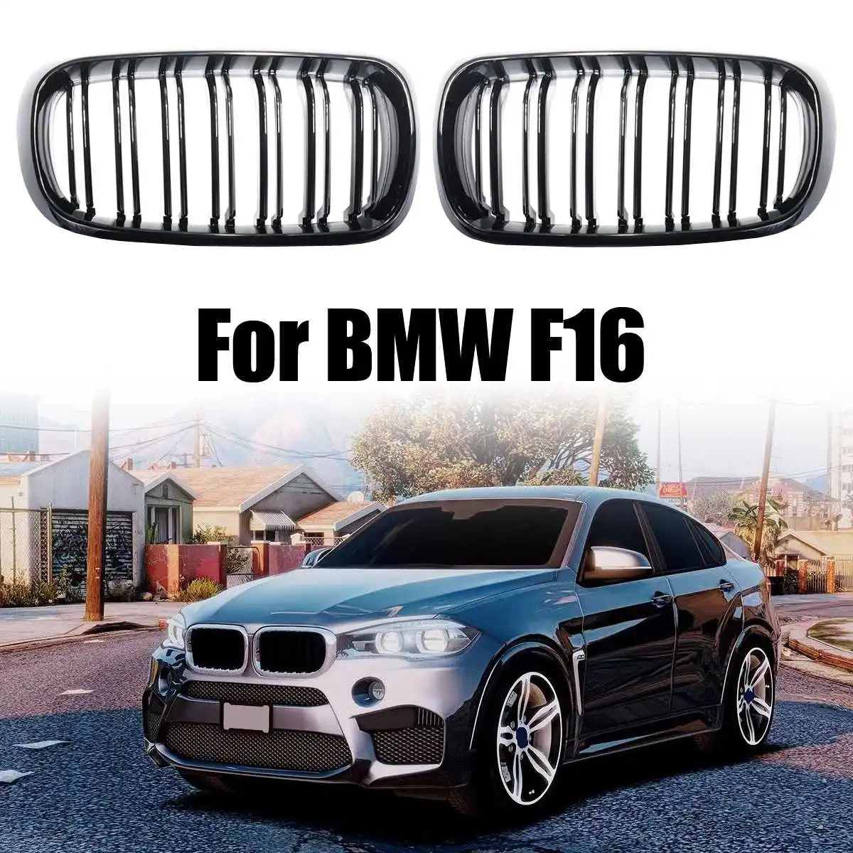 1 Pair ABS Glossy Black 2 Slats Lines Car Front Kidney Sport Grilles For BMW F15 F16 X5 X6 2014-2017 Replacement Grille