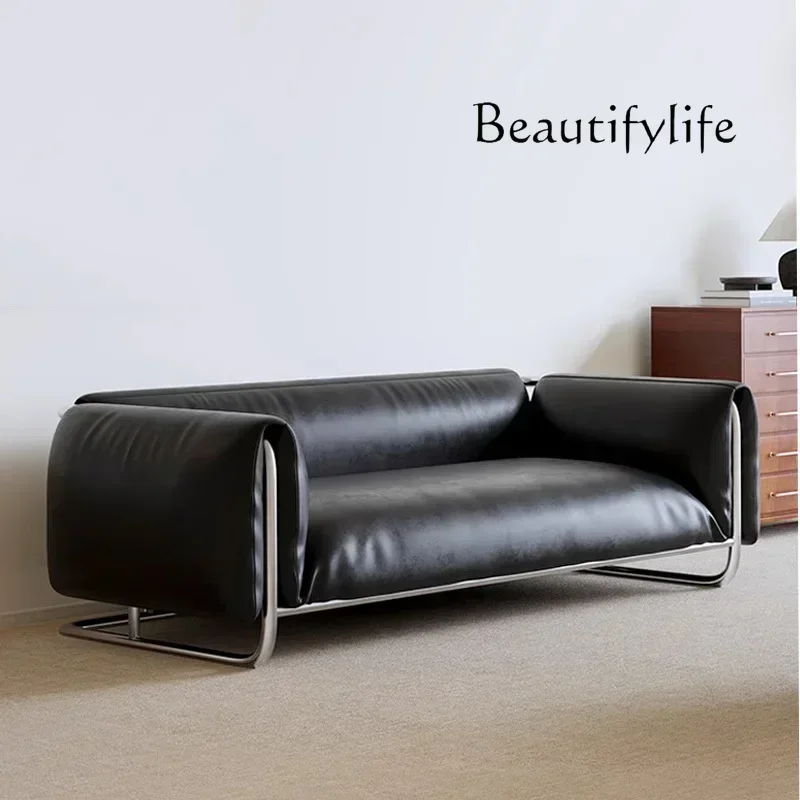 three-person leather art living room leisure sofa  Black stainless steel sofa antique small apartment