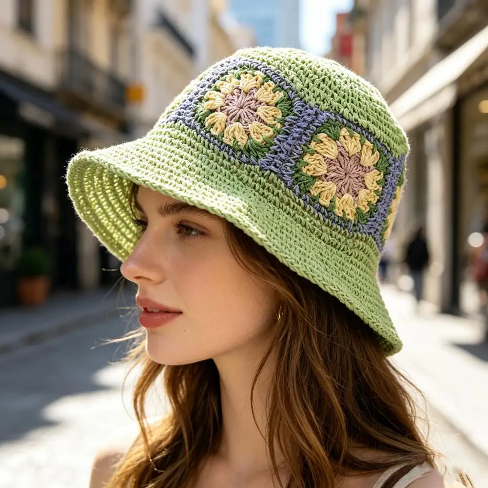 Summer Ladies Bright Colors Flowers Hand-woven Fisherman Hat Crochet Beach Sun Cap Shade Fisherman Breathable Raffia Straw Gorra