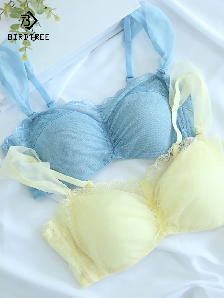 

Birdtree Lining 100%Mulberry Silk French Cup Strapless Bra Women Lace Brassiere Fairy Style Sexy Thin Solid Underwear P3N076QC