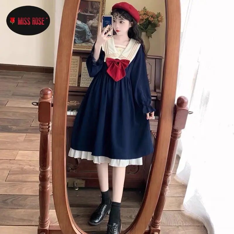 

Women Lady Preppy Sweet Gothic England Dress Long Midi Bow Navy Blue JK Sailor Fairy High Street Vestidos Summer Winter Dresses