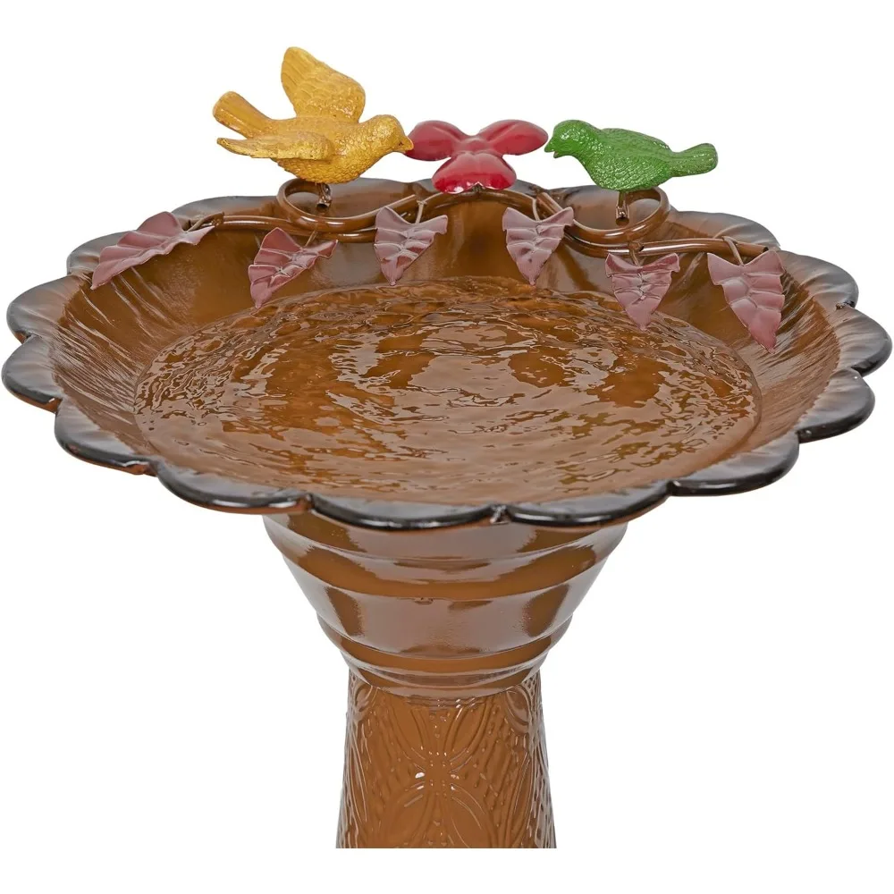 Metal Brown Birdbath with Birds and Leaves ELEGANT AND CAPTIVATING SHALLOW SHAPE