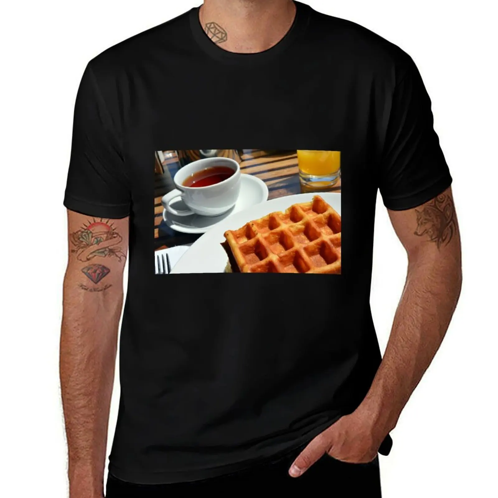 Breakfast or desert with waffle, a cup of tea and orange juice. T-Shirt Casual Daily Outfit T-Shirt