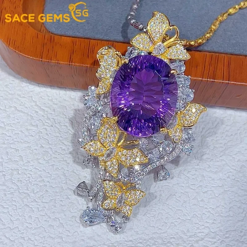 SACEGEMS Luxury 925 Sterling Silver 17*21mm Natual Amethyst Pendant Necklace for Women Wedding Cocktail Party Fine Jewelry Gifts