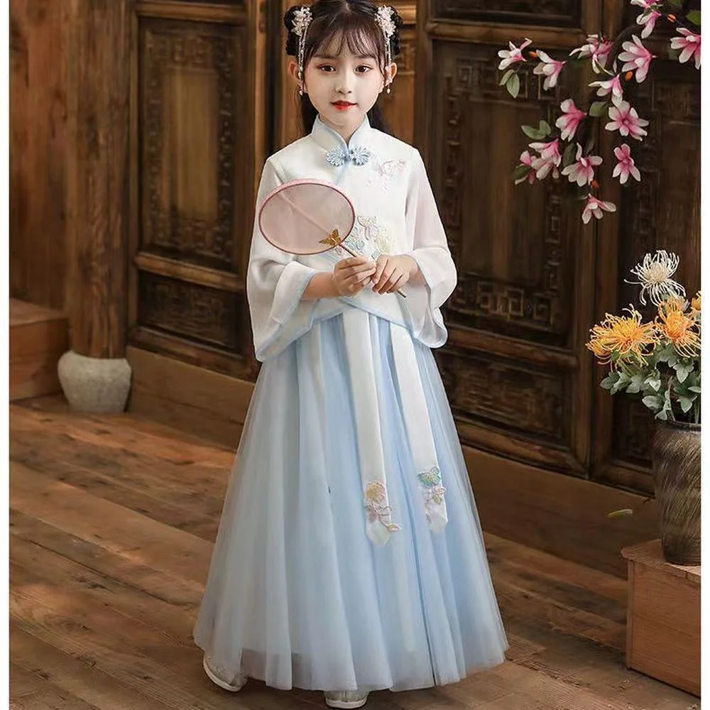 

New Autumn Girls Chinese Style Vintage Tassel Hanfu New Year Embroidery Qipao Robe Chinoise Kids Performance Princess Vestido