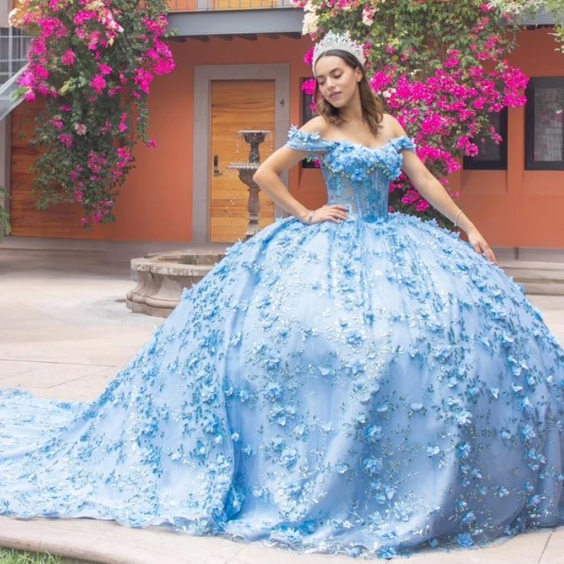 Sky Blue Shiny Quinceanera Dresses Off The Shoulder Sequin Appliques Lace Beads Tull Ball Gown Birthday Formal Party Corset Vest