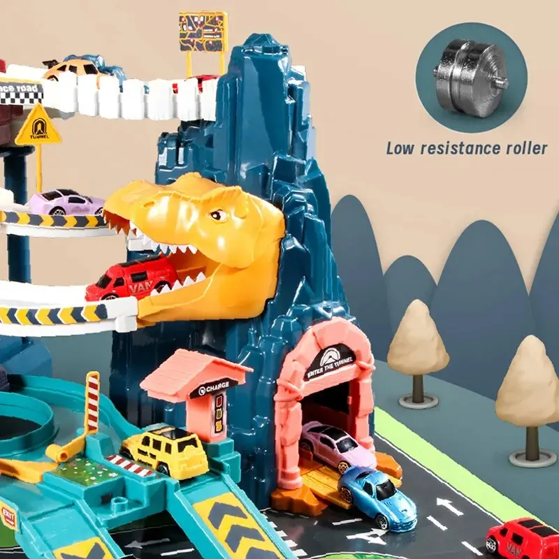 Elektrische Dinosaurier Bergstraße Schiene Kinder Puzzle verspielte Spielzeug Abenteuer Auto kleinen Zug Auto Parkplatz für Jungen Geburtstags geschenk