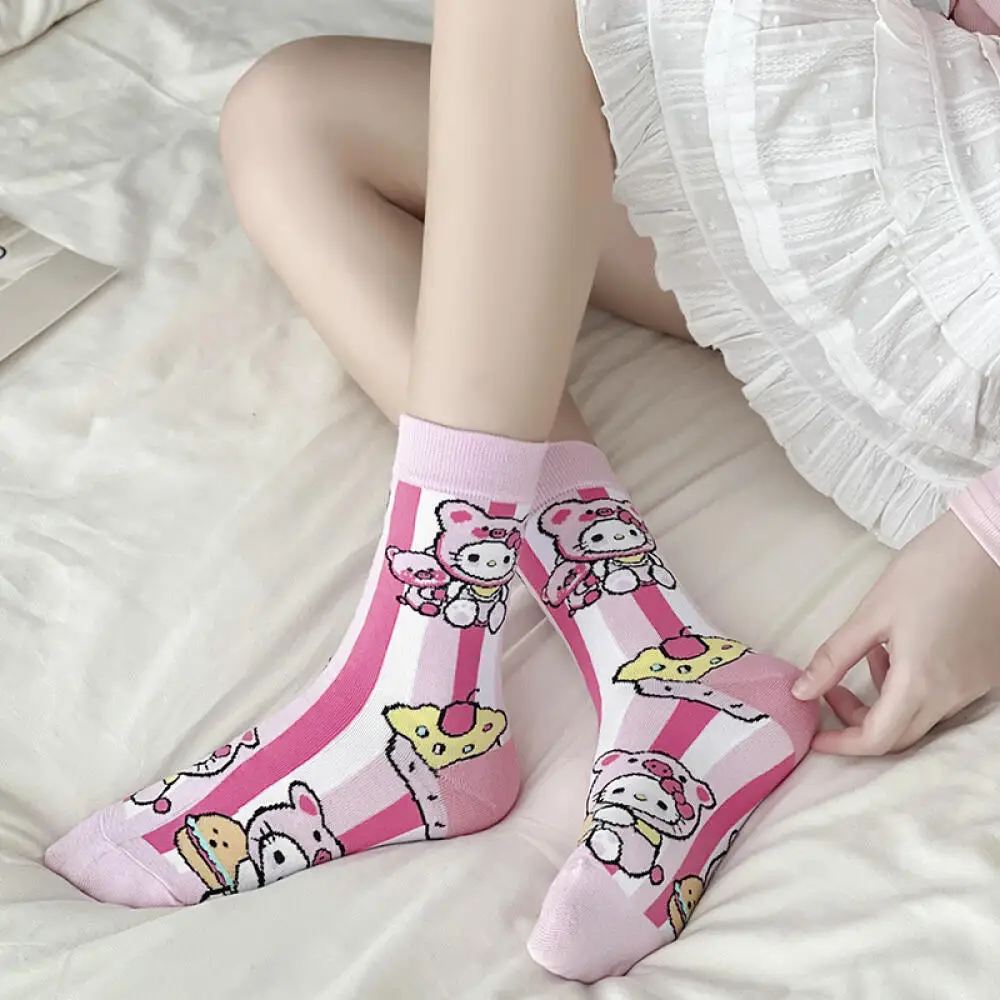 

Sanrio Hello Kitty Pure Cotton Cartoon Socks Pink Cute Kawaii Girls Mid-Calf Socks College Style Sweat-Absorbent Short Socks