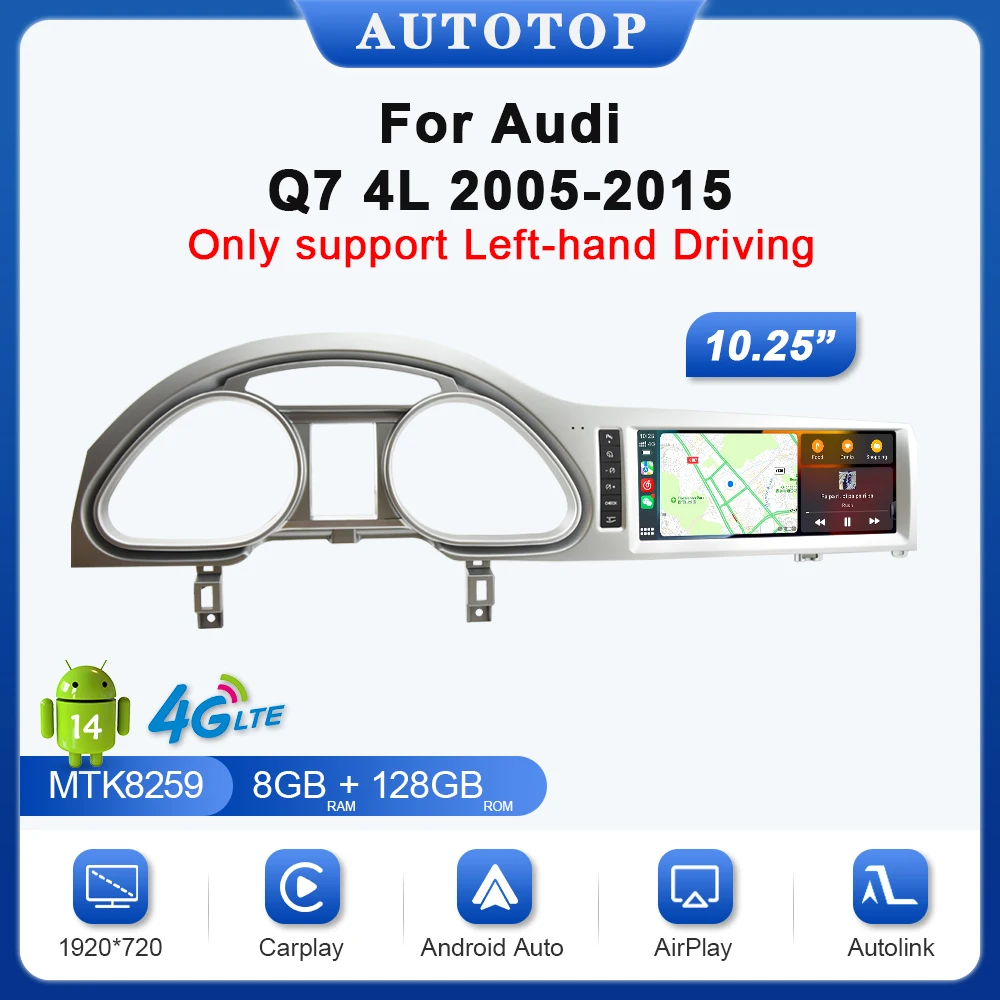 AUTOTOP 10.25 "1920*720P sans fil CarPlay Android Auto lecteur multimédia de voiture écran tactile pour Audi Q7 4L 2005-2015, GPS 4G 8 + 128G