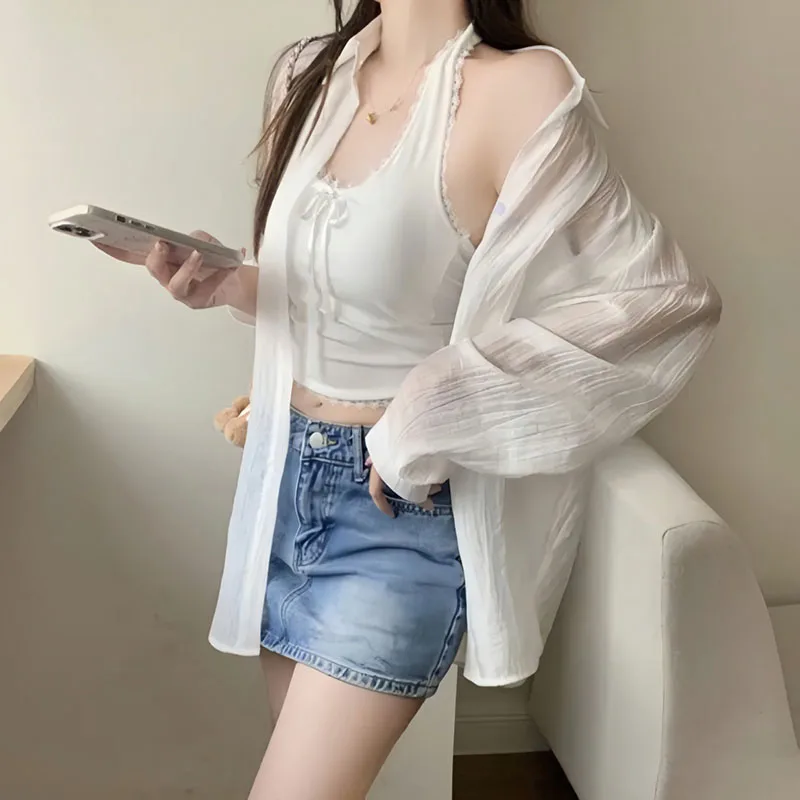 Casual Loose Women's Tops 2026 Summer Breathable Sun-Proof Ice Silk Shirts Ladies Long Sleeve Button Thin Sheer Chiffon Blouses