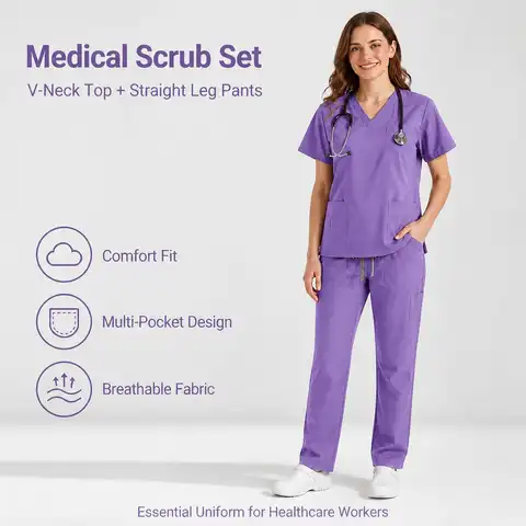 Healthcare Scrub Uniform 2 Piece Outfit, Short Sleeve Top + Elastic Waist Multi Pocket Straight Scrub Pants Hospital & Beauty Salon