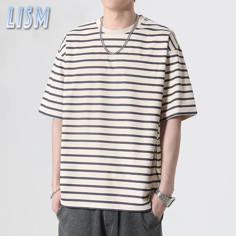 LISM HIP HOP T-shirt Mens Loose Stripe T-shirts Casual 2024 Summer Short Sleeves Tshirt Unisex Streetwear Tees Oversize Tee Top