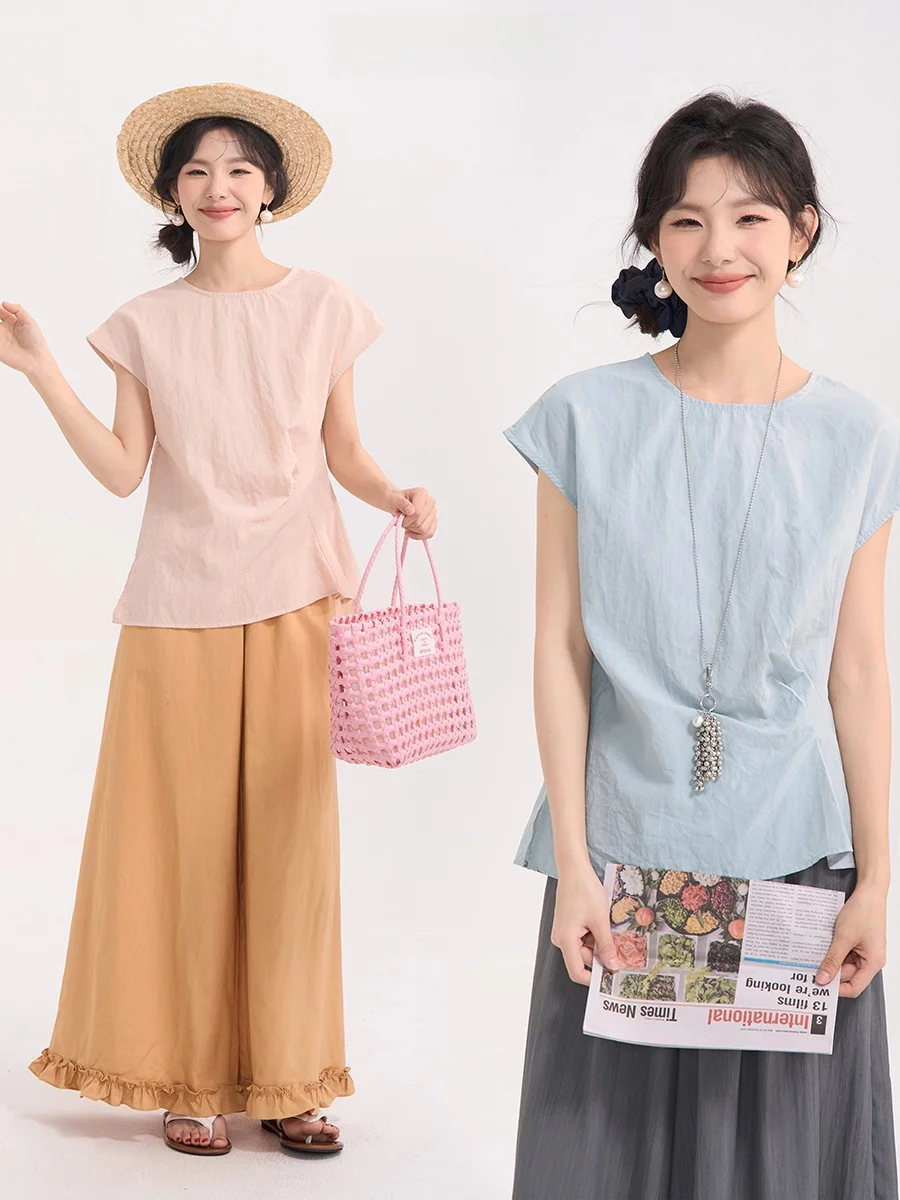 

Летний женский топ с коралловым дизайном, плиссированной талией, коротким рукавом, утягивающий, в китайском стиле, с круглым вырезом, стандартной длины