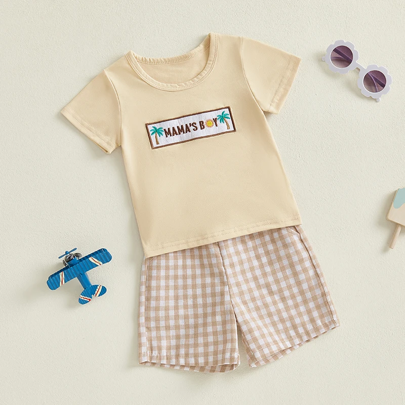 Toddler Boy Summer Outfit Set with Short Sleeve T-shirt and Plaid Shorts Letter Embroidery Design Pockets 2 Piece Casual Wear