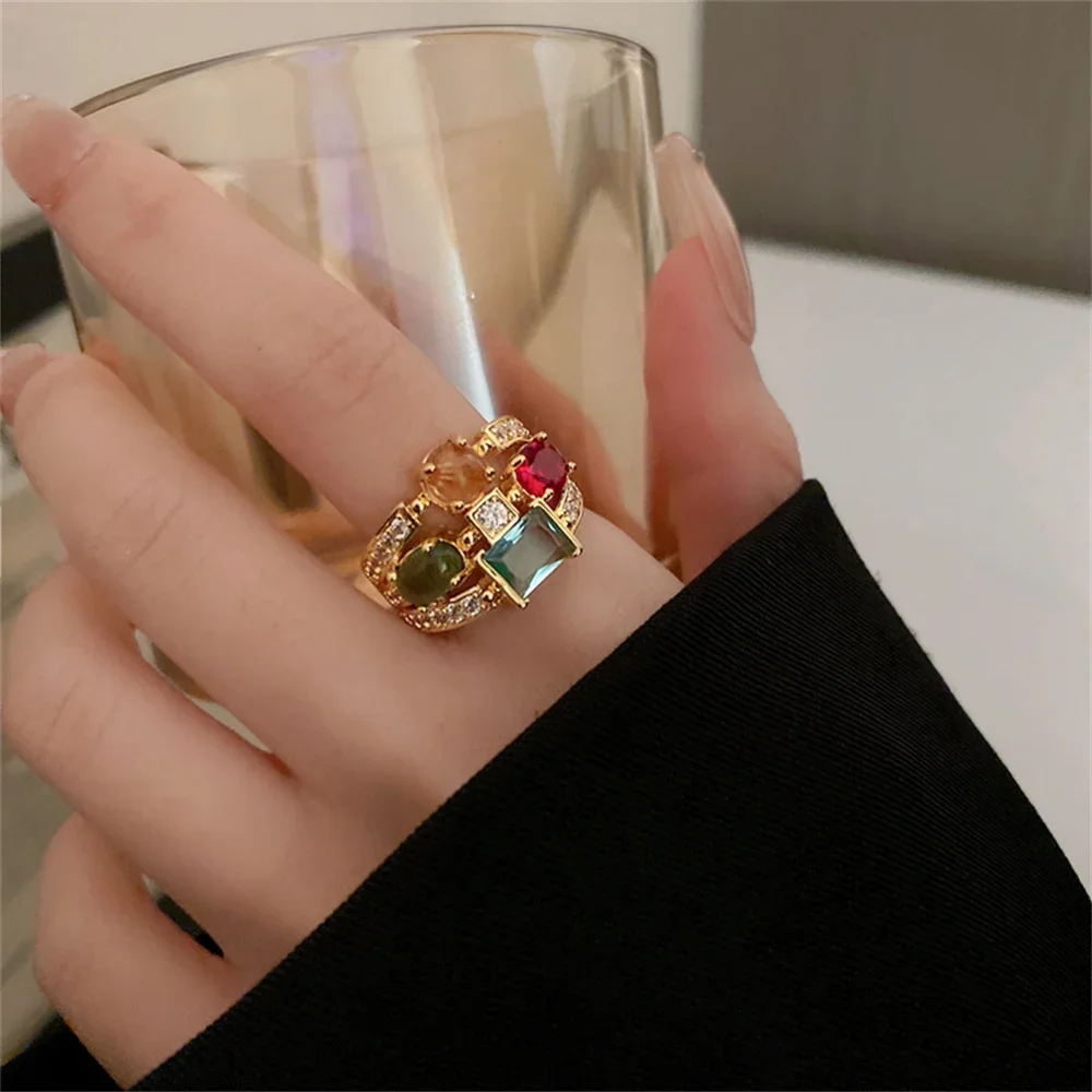 Zircon Crystal Geometric Oval Multi-Layered Colorful Cuff Ring For Women Fashion Luxury Party Jewelry Accessories