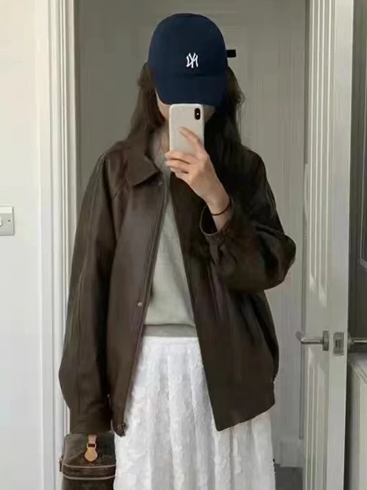 

Женская мотоциклетная куртка из искусственной кожи в стиле ретро с эффектом потертости, весна 2026, новая модель, плотный дизайн, в стиле Lazy Style, на молнии, удлиненная