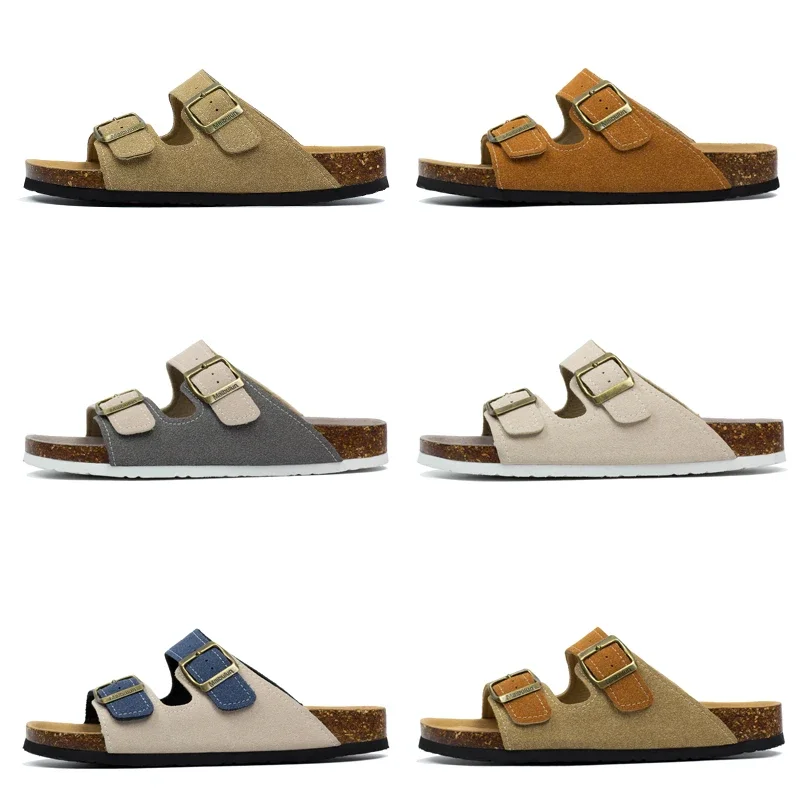 Chinelo casual de cortiça de praia masculino, fivela dupla, antiderrapante, exterior, couro nobuck, sapato de deslizamento em slides, novo, verão, 2023