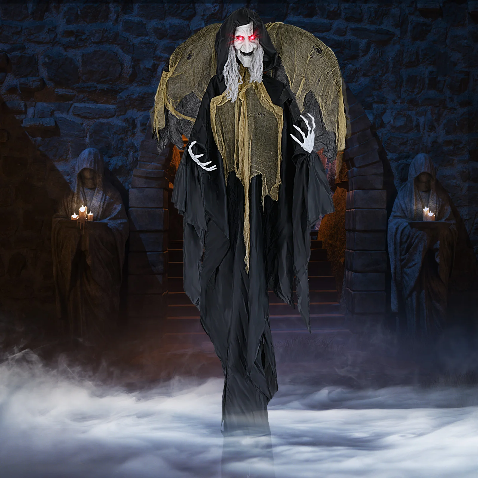 8. 2 FT Halloween Standing Witch, Poseable Halloween Animatronic Prop with Light up Eyes, Sounds & Movements 3