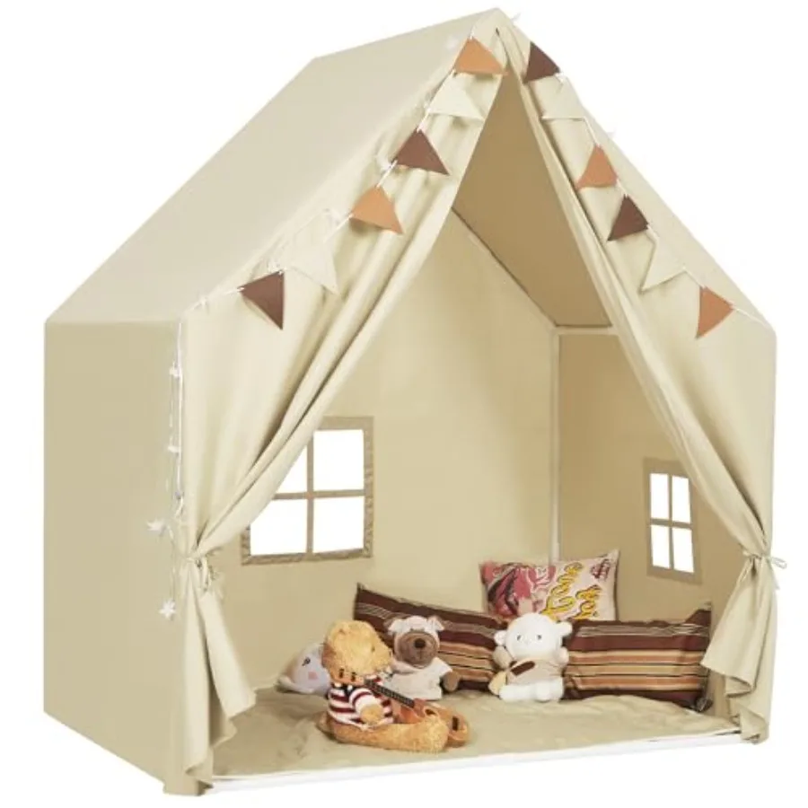 

Play Tent with Padded Mat Star LED Lights for Ages 4-8-10 Year Old Girls Boys Large Cute Indoor Play Room House Tent in Beige