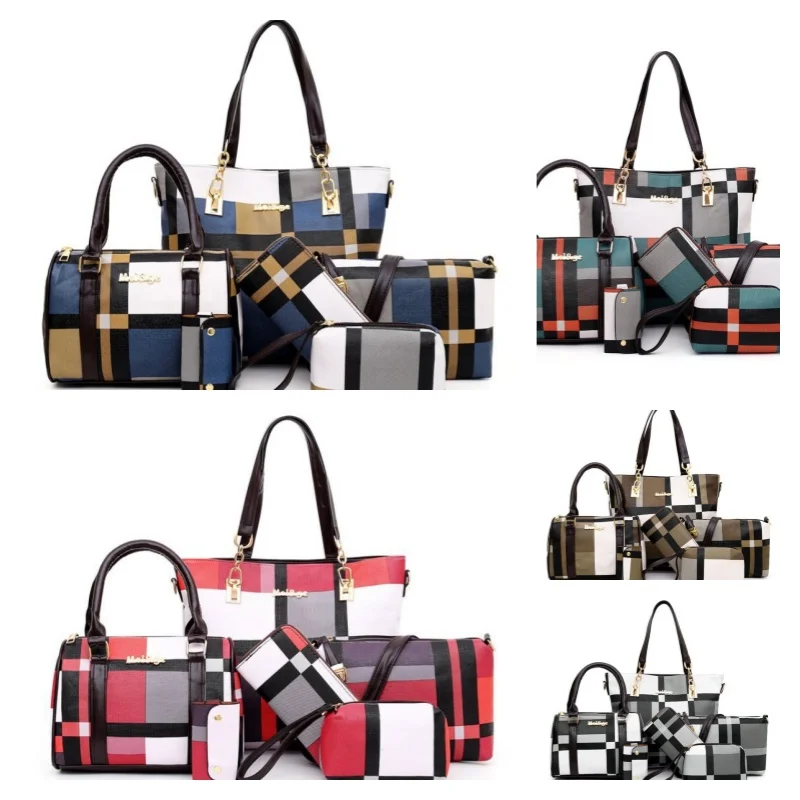 Classic Plaid Pattern Bag Sets, Trendy Tote Bag With Handbag & Shoulder Bag & Clutch Bag & Wallets