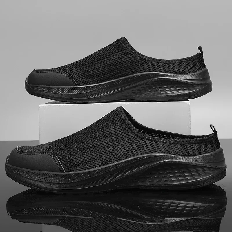 

Summer Men Casual Sneakers Slip-on Half Slippers Fashion Breathable Mesh Flat Slides Outdoor Lightweight Mens Walking Shoes