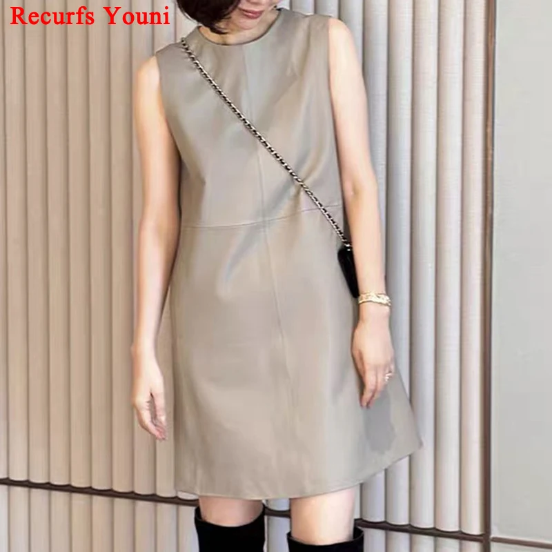 Suede Leather Dress for Women Round Neck Genuine Leather Straight Casual Versatile Tank Top Vestidos Cortos MIni Skirts 2024