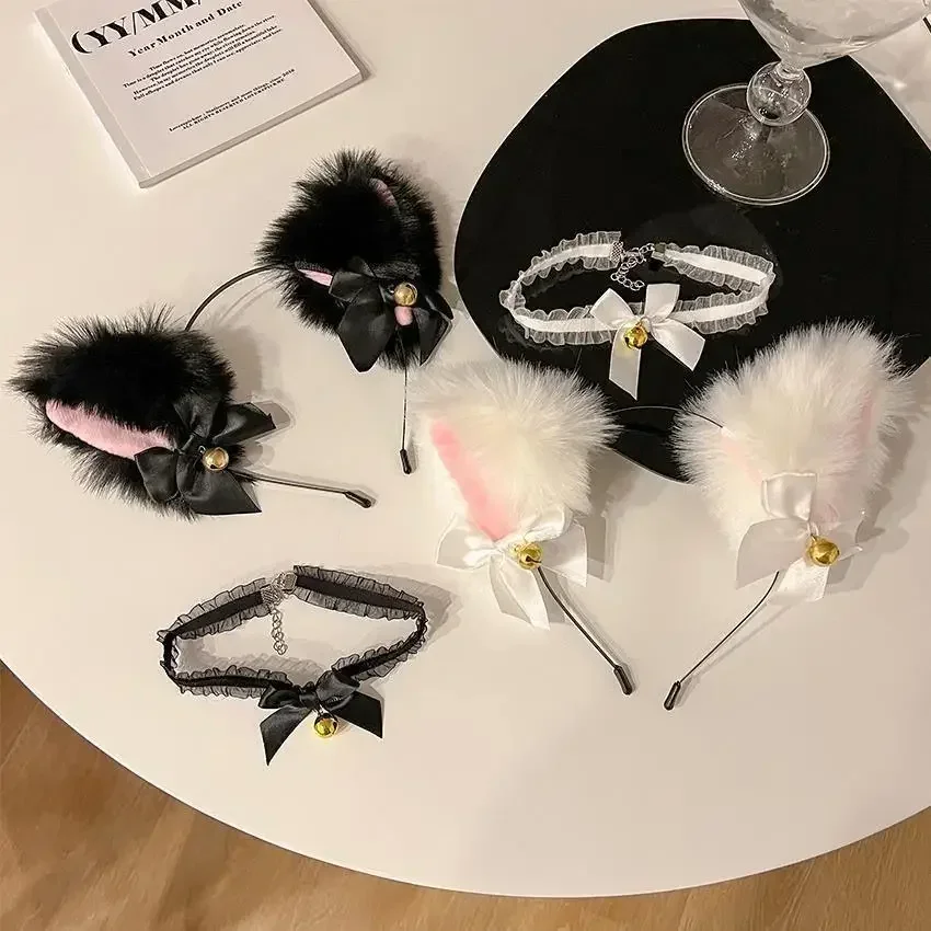 Diadema con orejas de gato para niña, collar de lazo de encaje, diadema de campana de felpa, accesorios para el cabello para disfraz de fiesta de Mascarada, Cosplay Sexy para mujer