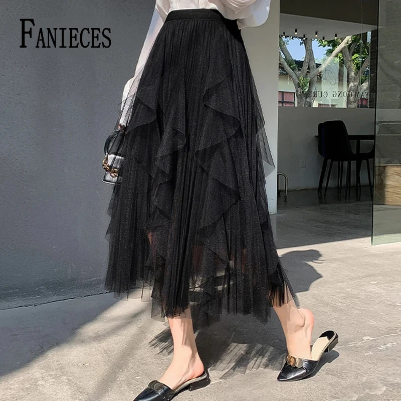 FANIECES Women Elegant Tulle Fluffy Long Skirt Fairy A-line Ankle-length Tutu Cake Skirt Cascading Ruffles Party Mesh Skirts