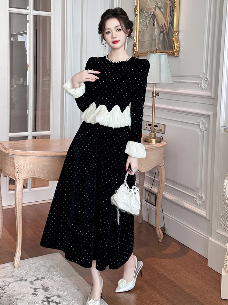 Ropa de mujer falso 2 piezas elegante de lujo de terciopelo negro de manga larga ajustado Vestido acampanado fiesta de noche Vestido de cumpleaños bata Casual