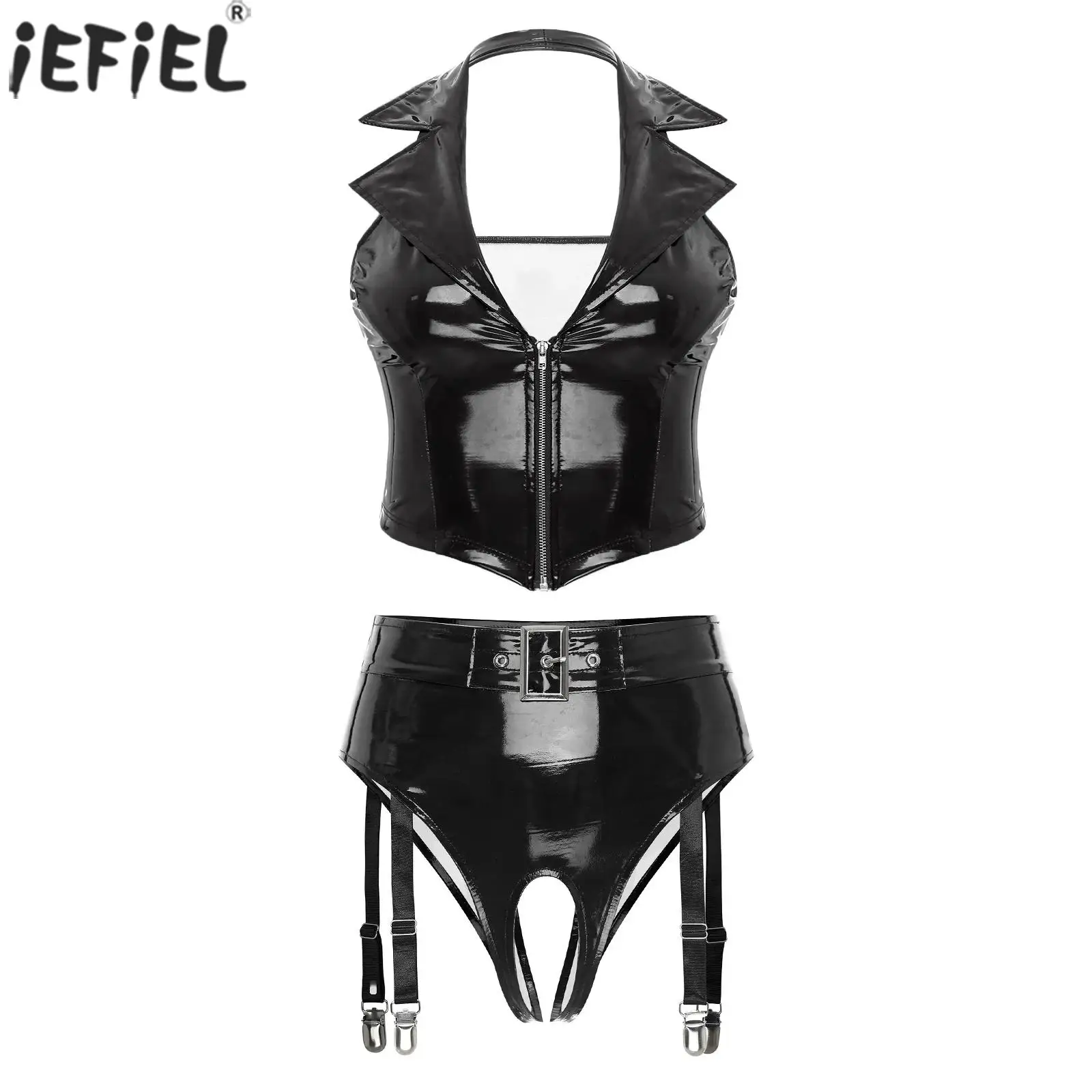 

Women Erotic Lingerie Sets Sexy Halter Backless Zipper Vest with High Waist Open Crotch Garter Clips Underwear for Pole Dance