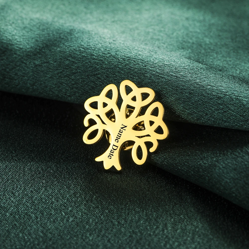 Sipuris Lebensbaum, personalisierte Anstecknadel mit Gravur von Namen und Datum, für Damen und Herren, aus Edelstahl, personalisiertes Namensschild, modischer Schmuck. – Detail 6
