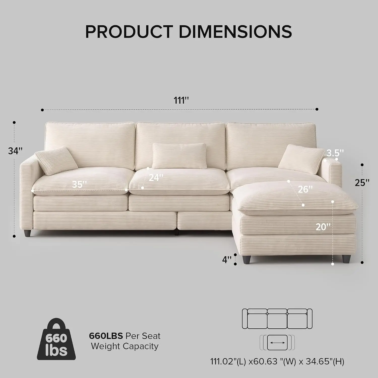 Cloud Modular Sectional Sofa Couch for Living Room, Beige, Customized