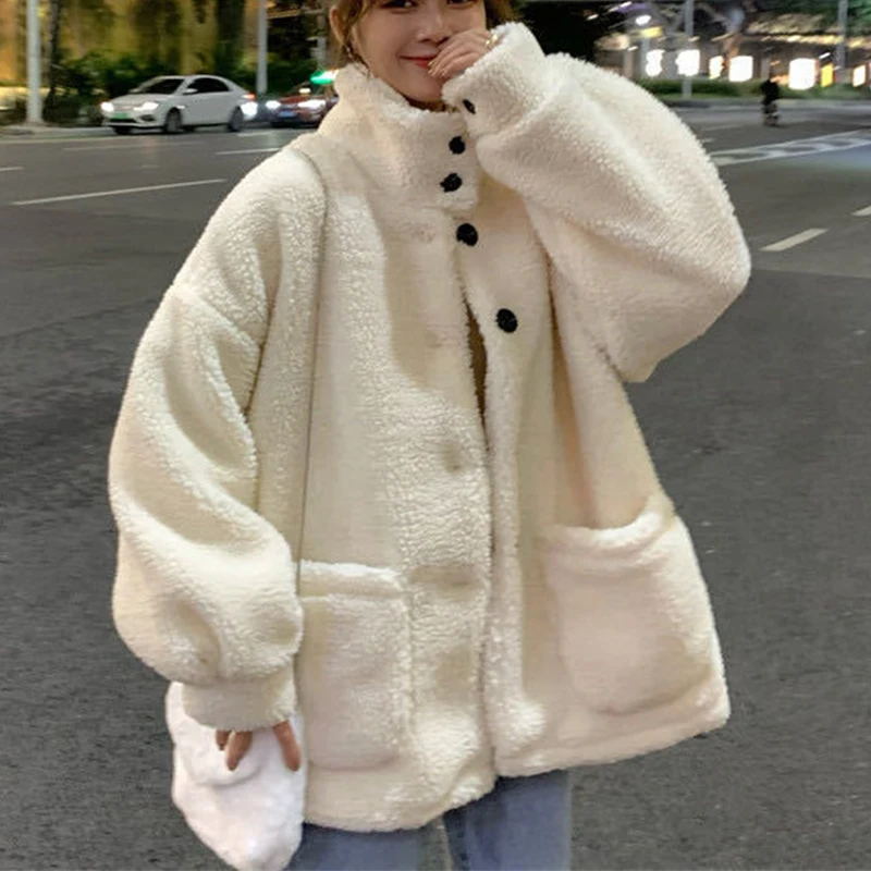 

2023 Autumn Winter Fleece Jackets Sweet Fuzzy Women's Coats Stand Collar Warm Plush Harajuku Buttons-up Jackets Casual Outwear