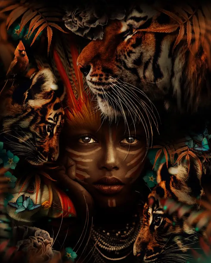 Black Woman with Wild Animal Wall Poster Prints with Frame Tiger Flamingo Tribal Girl Canvas Painting Modern Art Figure Picture