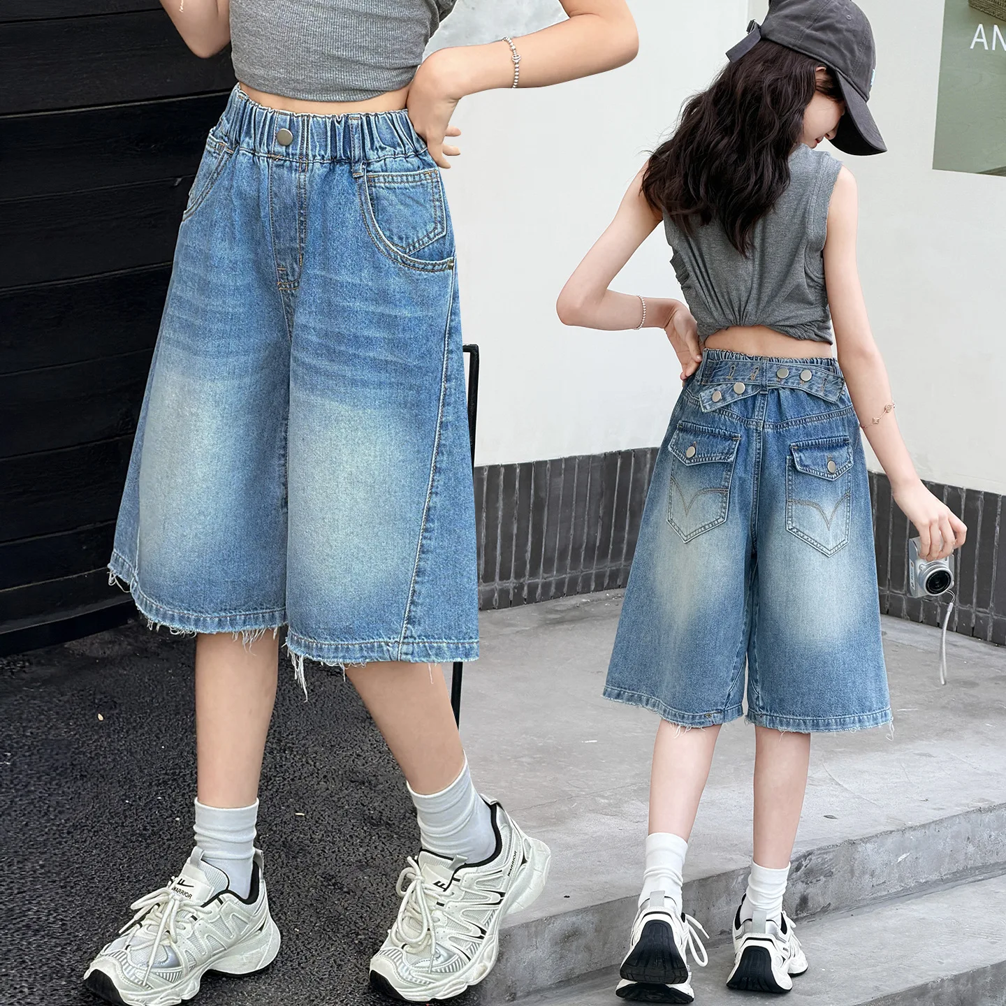 Kids Trendy Denim Shorts With Back Waist Buckle For Teen Girl Casual Streetwear Knee Length Pants Child Mid-Calf Jeans Capri