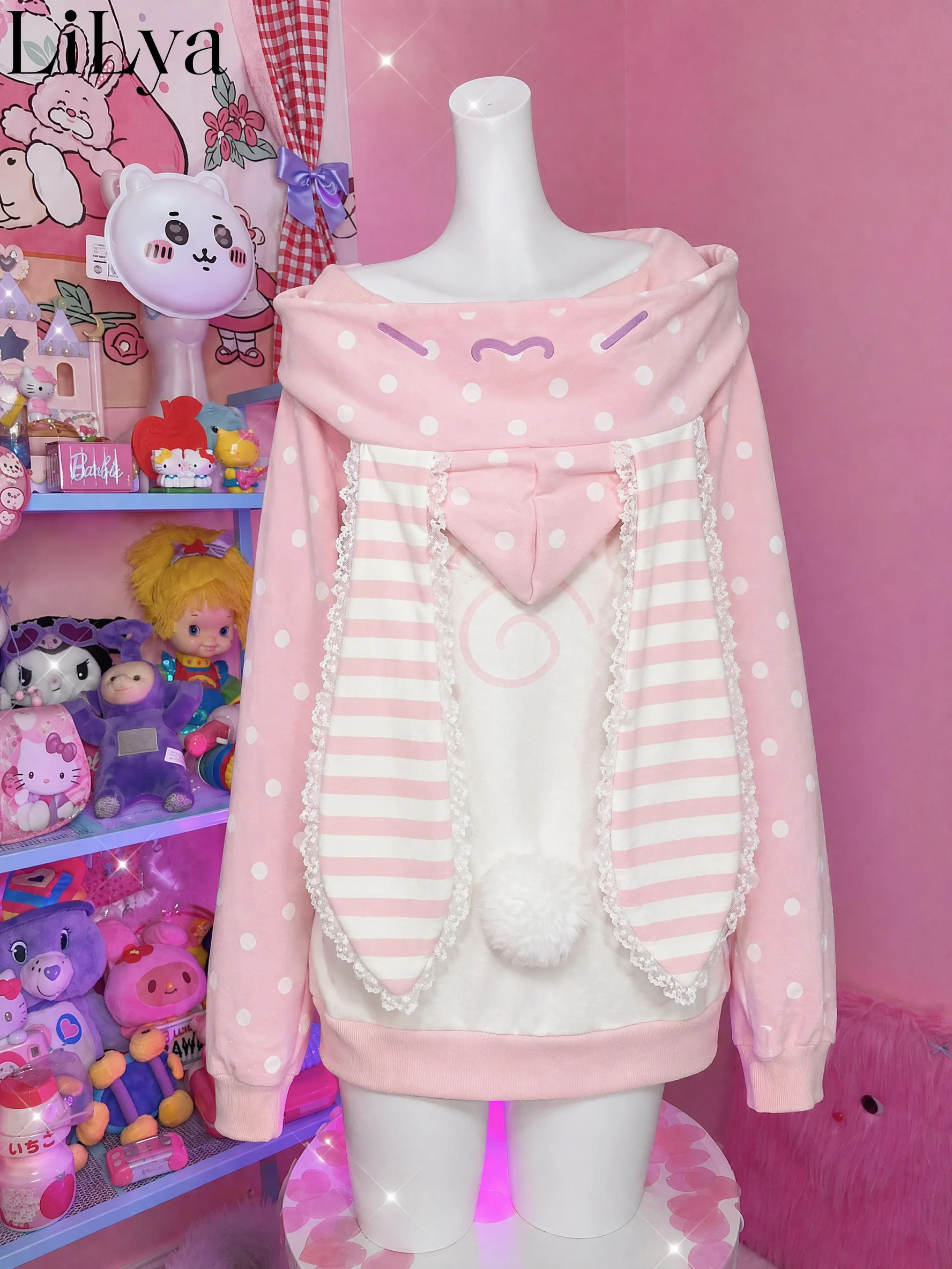 Japanese Kawaii Rabbit Ears Hoodies Tops Women Design Loose Dot Lace Patchwork Cute Coat Harajuku Chic Sweet Lovely ​Sweatshirts