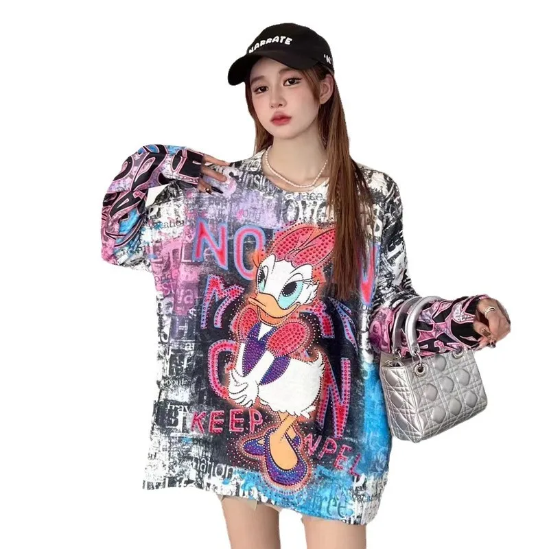 New cartoon printed loose fit long sleeved knitted top with European fashion brand heavy industry rhinestone sweater