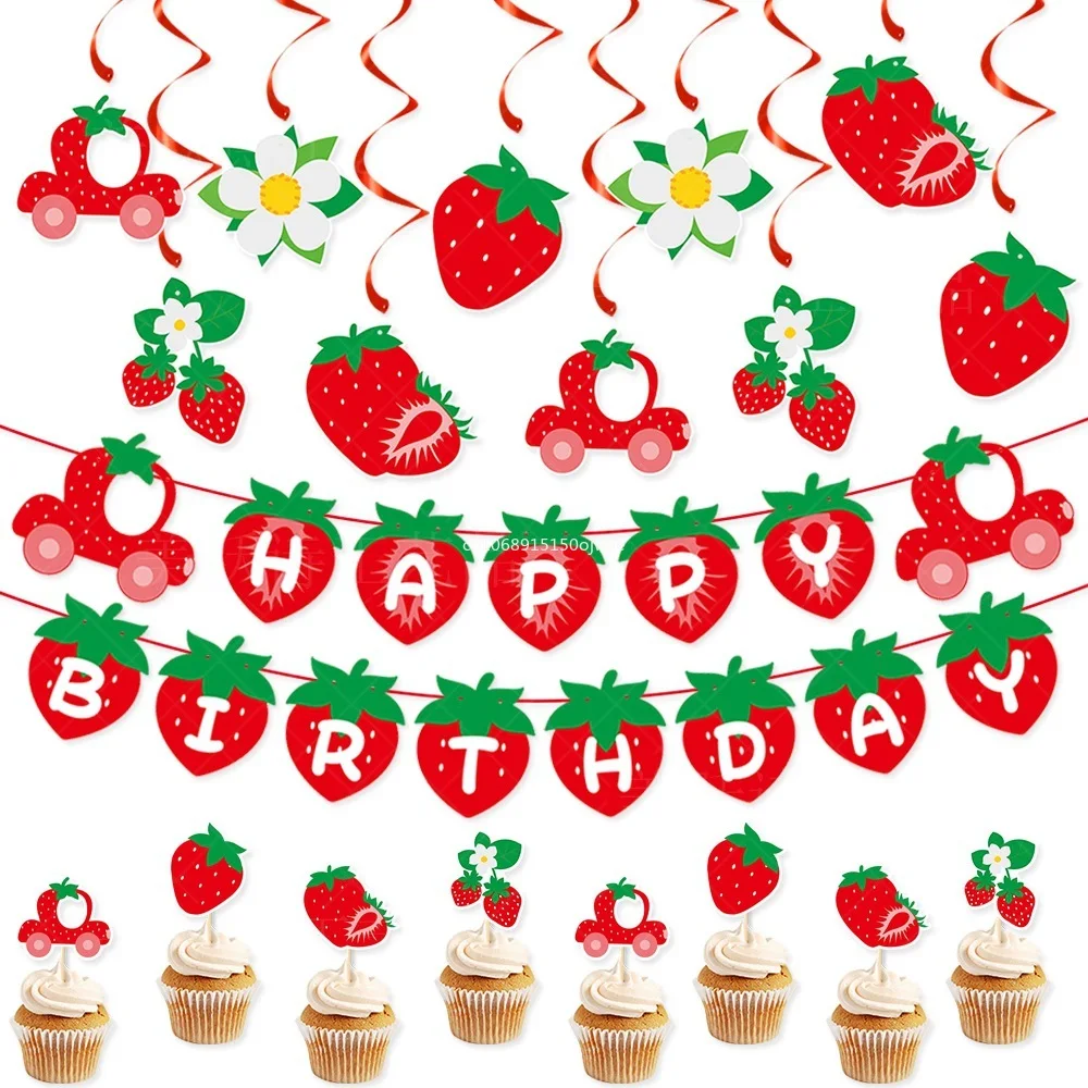 Strawberry Themed Birthday Party Decorations Happy Strawberry Birthday Banners Strawberry Cupcakes Topper Party Decorations