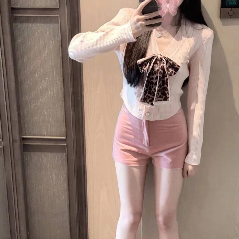 

Spring New V-neck Knot Long Sleeve Knitted Cardigan Women Slimming Personality Top LXYG2026 Small Size Knitted Open...