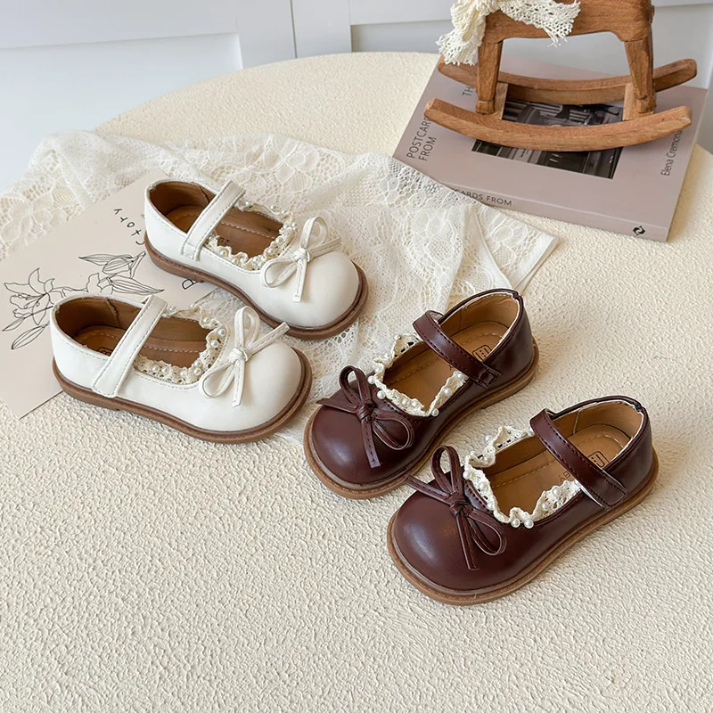 

2025 Spring Autumn New Children Casual Shoes for Girls Fashion Korean Style Soft Sole Anti-slippery Versatile Lace Leather Shoes