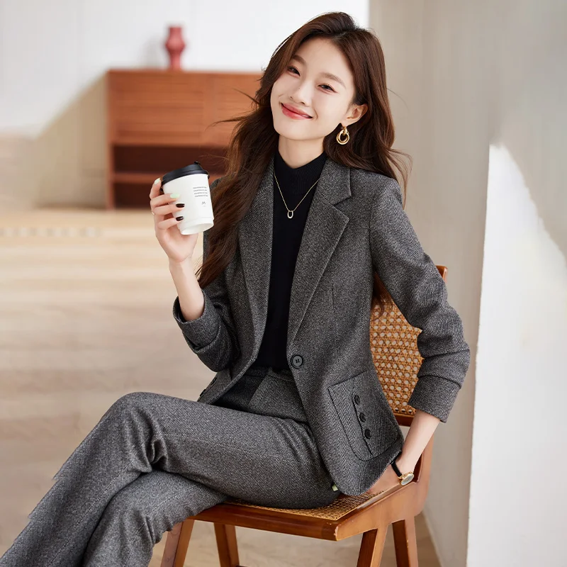 

Deep Grey Women's Suit Set Short Woolen Jacket Coat Commute Style Regular Sleeve Long Pure Color Polyester Fiber Casual Formal