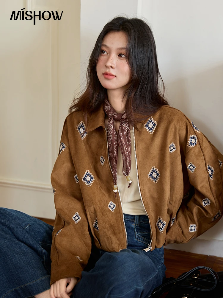 

MISHOW коричневая короткая куртка для женщин 2022, осень-зима, новое повседневное свободное пальто на молнии в форме ромба с вышивкой в стиле ретро MXE47W0891