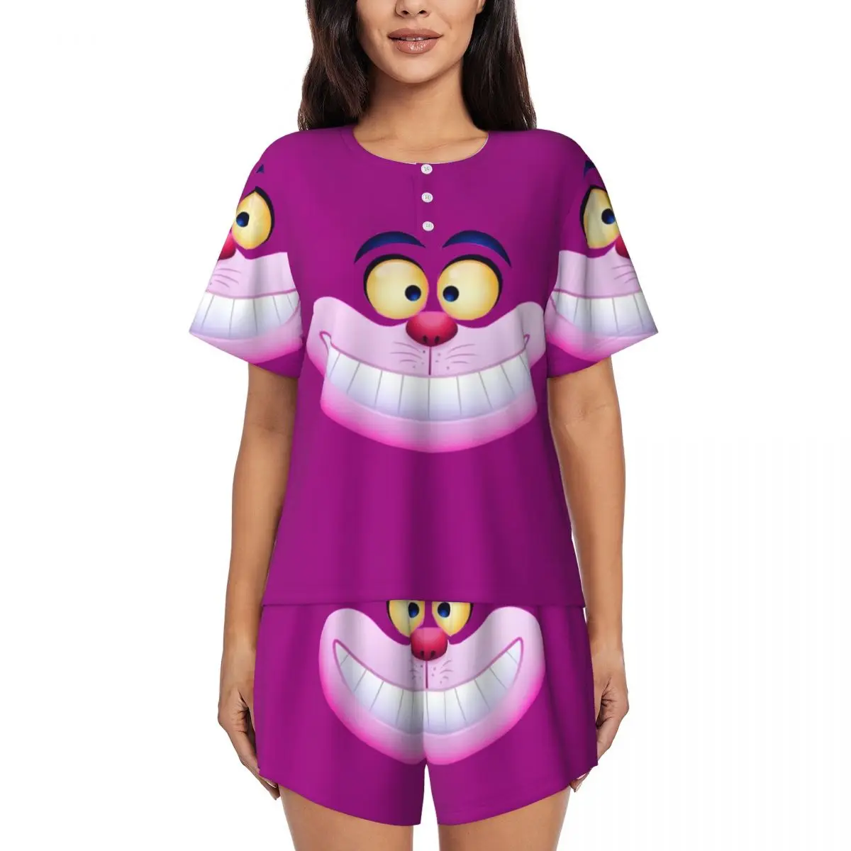 

Women Smiling Cheshire Cat Pajamas Set Custom Printed Cartoon Anime Two-piece Pj Sets Short Sleeve Sleepwear Loungewear