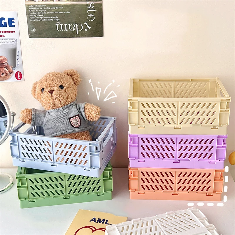 Collapsible Crate Plastic Folding Storage Box Basket Utility Cosmetic Container Cute Student Office Desktop Storage Basket