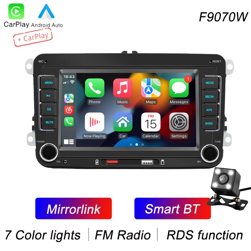 BQCC 7 "HD Auto MP5 Speler FM BT Kleurrijke lichten RDS Radio Mirrorlink USB opladen Draadloos Android AUTO/Carplay voor VW - afbeelding 1