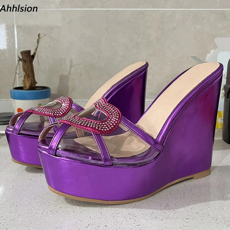 

Ahhlsion Высококачественные женские босоножки без шнуровки на танкетке с круглым носком, довольно фиолетовые, синие туфли для вечеринок, женские большие размеры США 5-20