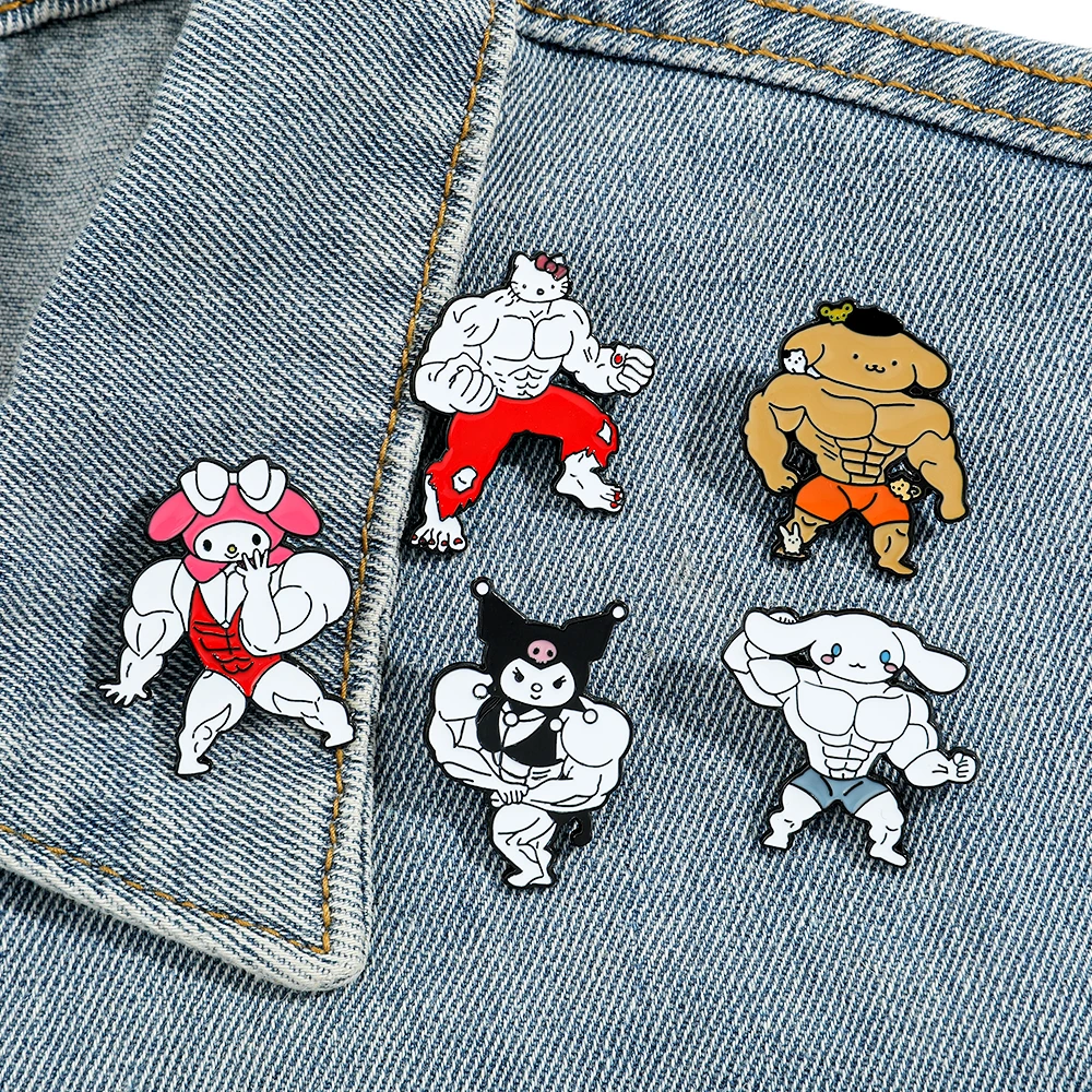 5 Pcs Cartoon Brooch Set Creative Muscle Hello Kitty Kulomi Enamel Pin Backpack Clothing Jewelry Metal Badge Accessories Gift