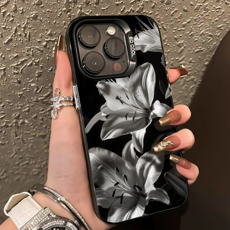 

For iPhone 17 Cases Black and White Lily Floral Pattern Phone Case For iPhone 16 Pro Max 15 14 13 12 11 8 7 Plus XS XR 17E Cover