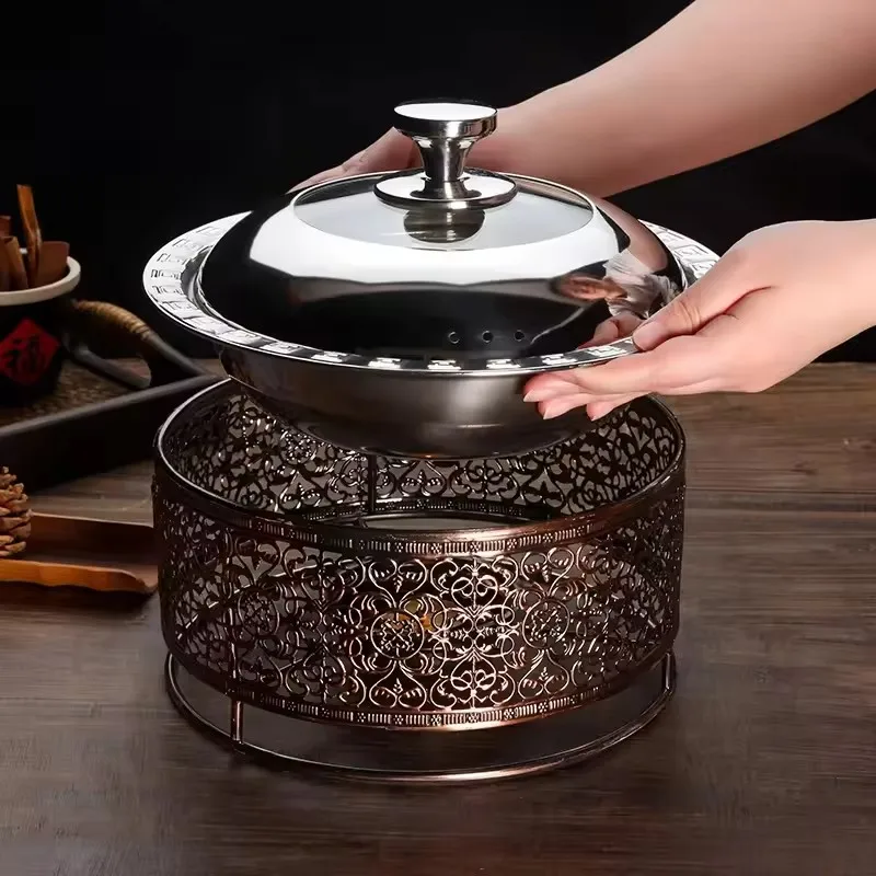 

New vintage alcohol pot Hollow creative dry pot Stainless steel heating pan Insulation alcohol furnace suit Hotel special pot