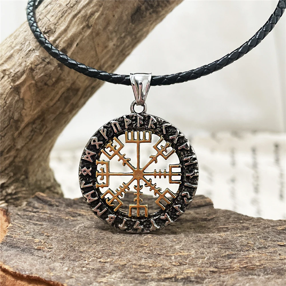 Viking Compass Norse Runes Necklace Men Gold Color Stainless Steel Vegvisir Pendant Never Fade Vintage Male Scandinavian Jewelry